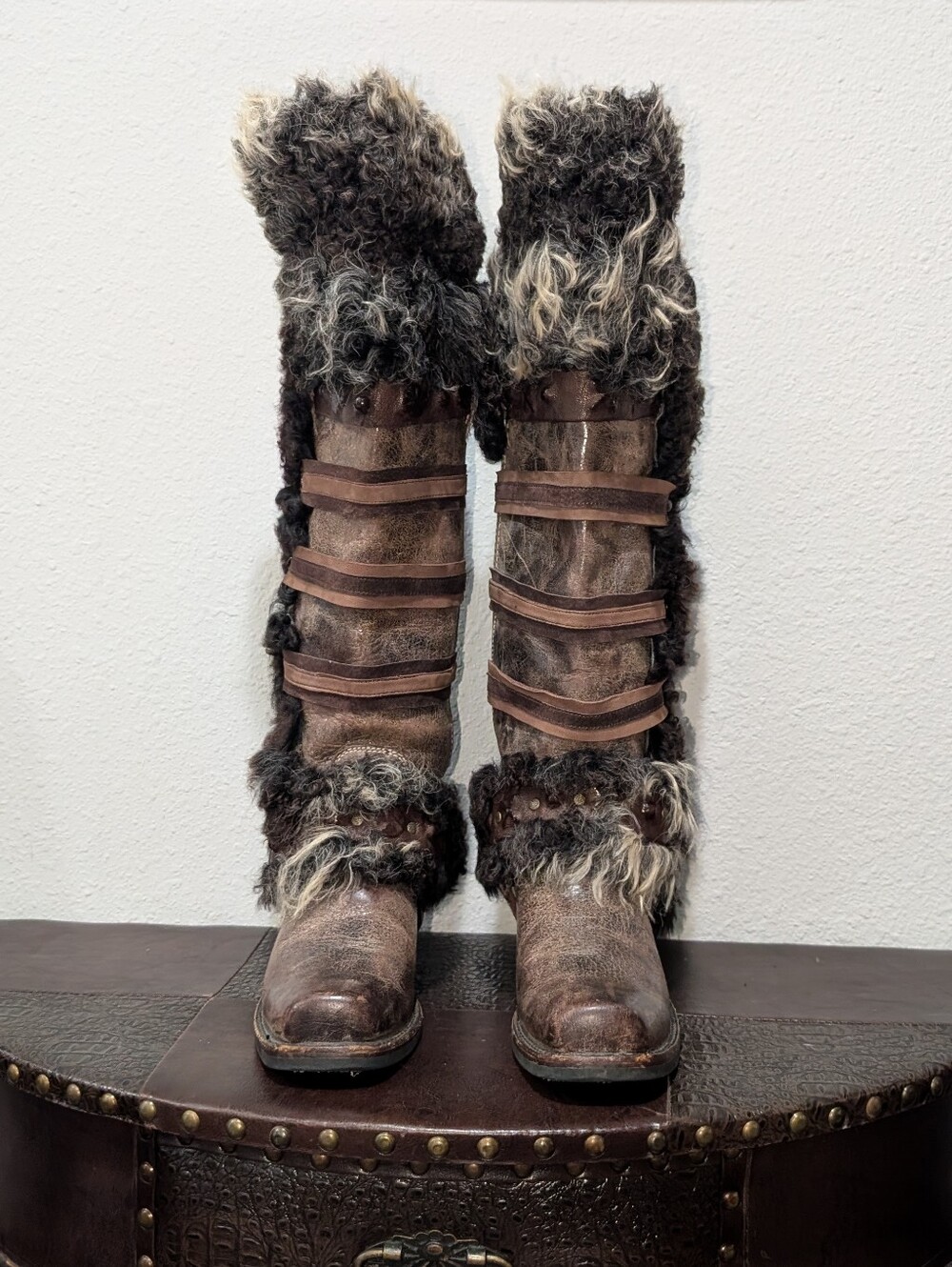 🔥 One-of-a-Kind Custom Reworked Frye 14R Tall Harness Boots Sheep Fur Burner
